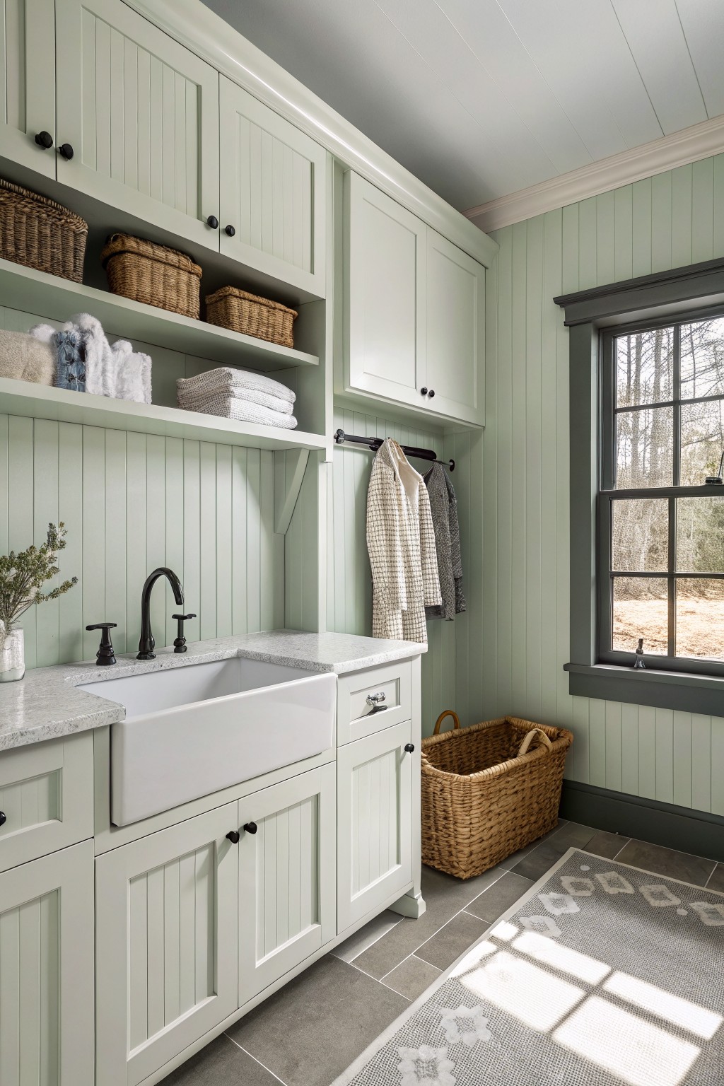 A utility room painted in soft sage green with white cabinets and a farmhouse sink.