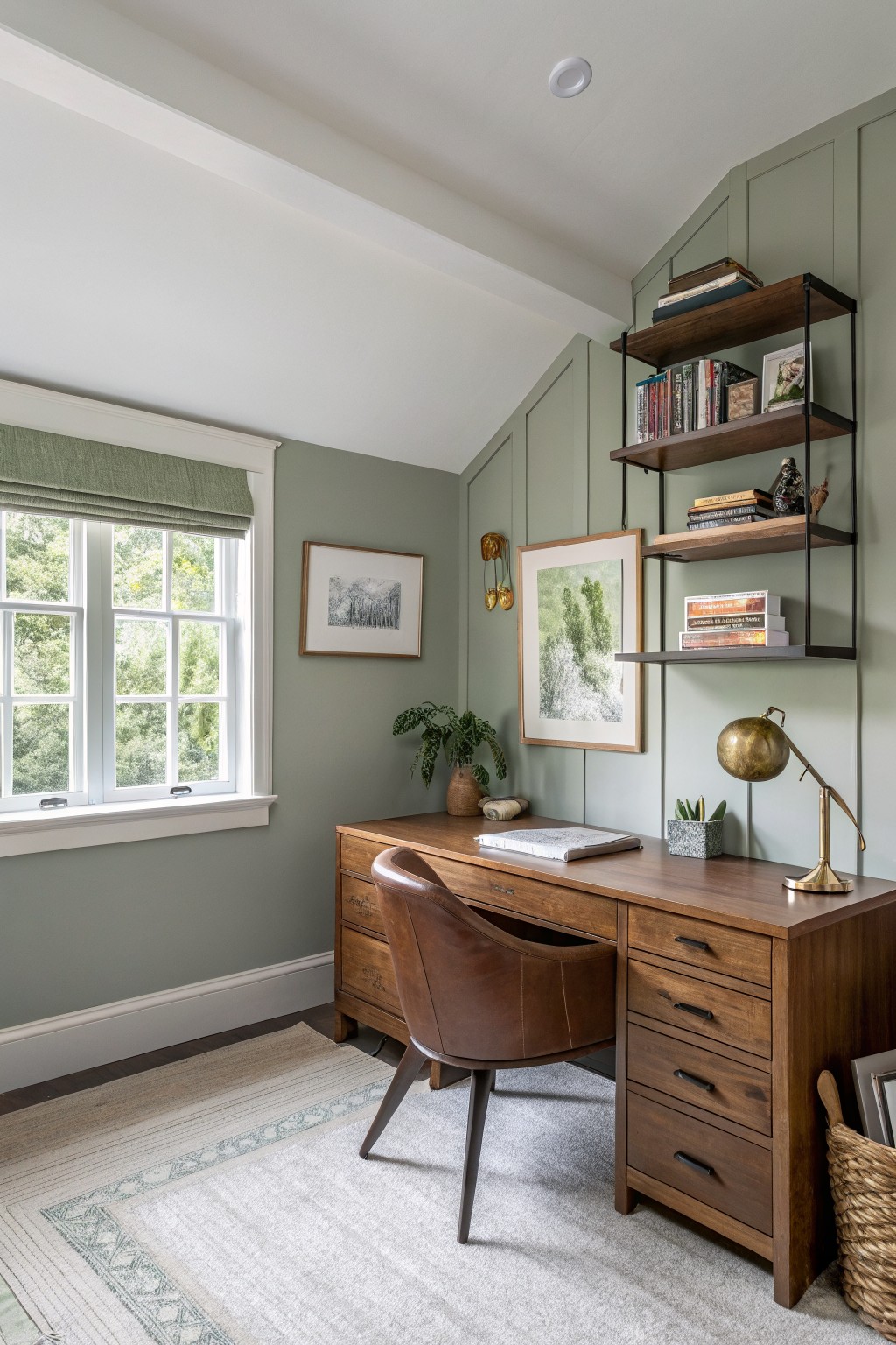 A home office with soft sage green walls and a wooden desk.