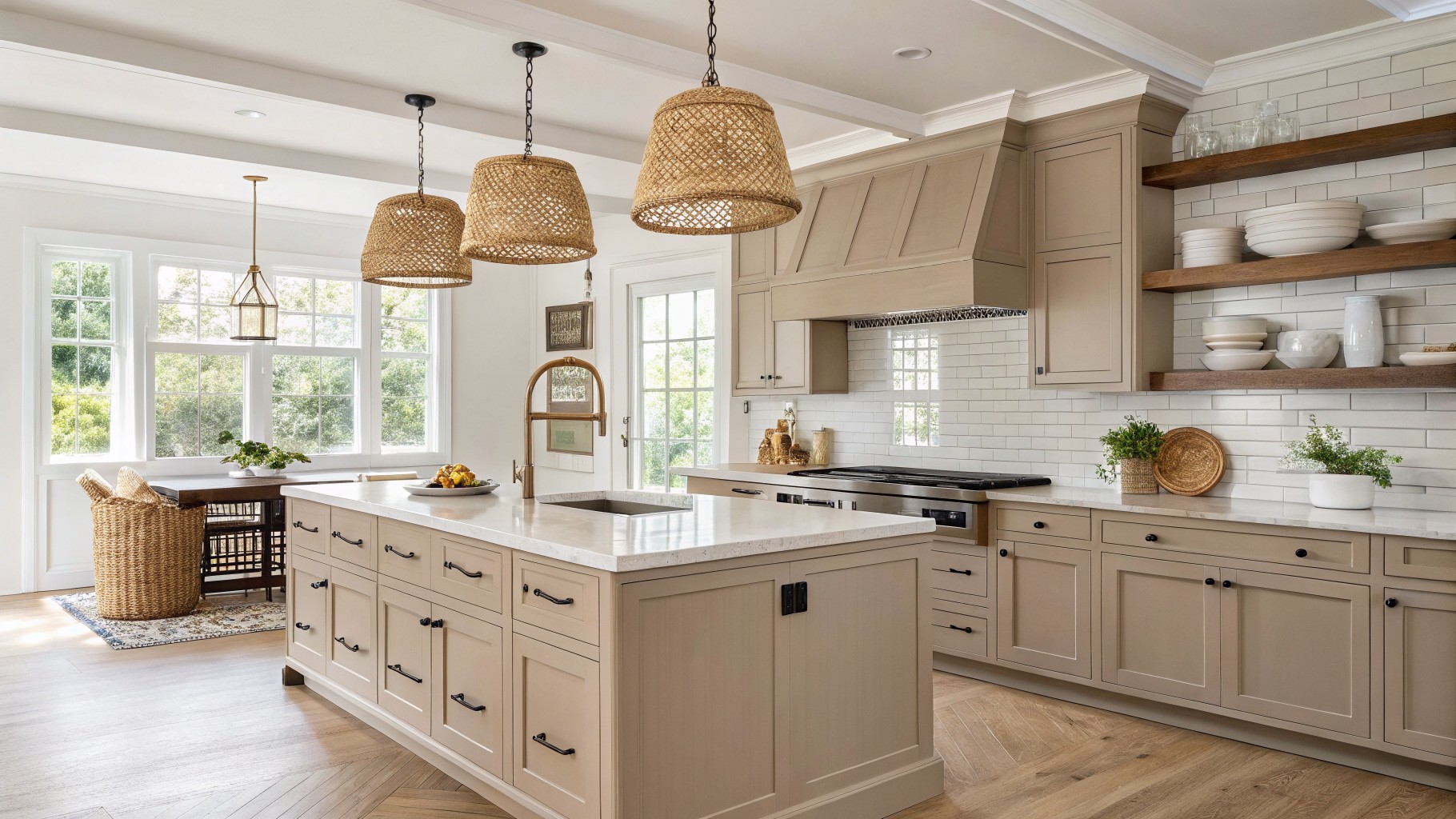 Taupe kitchen cabinets in a bright room with white counters and wood floors.