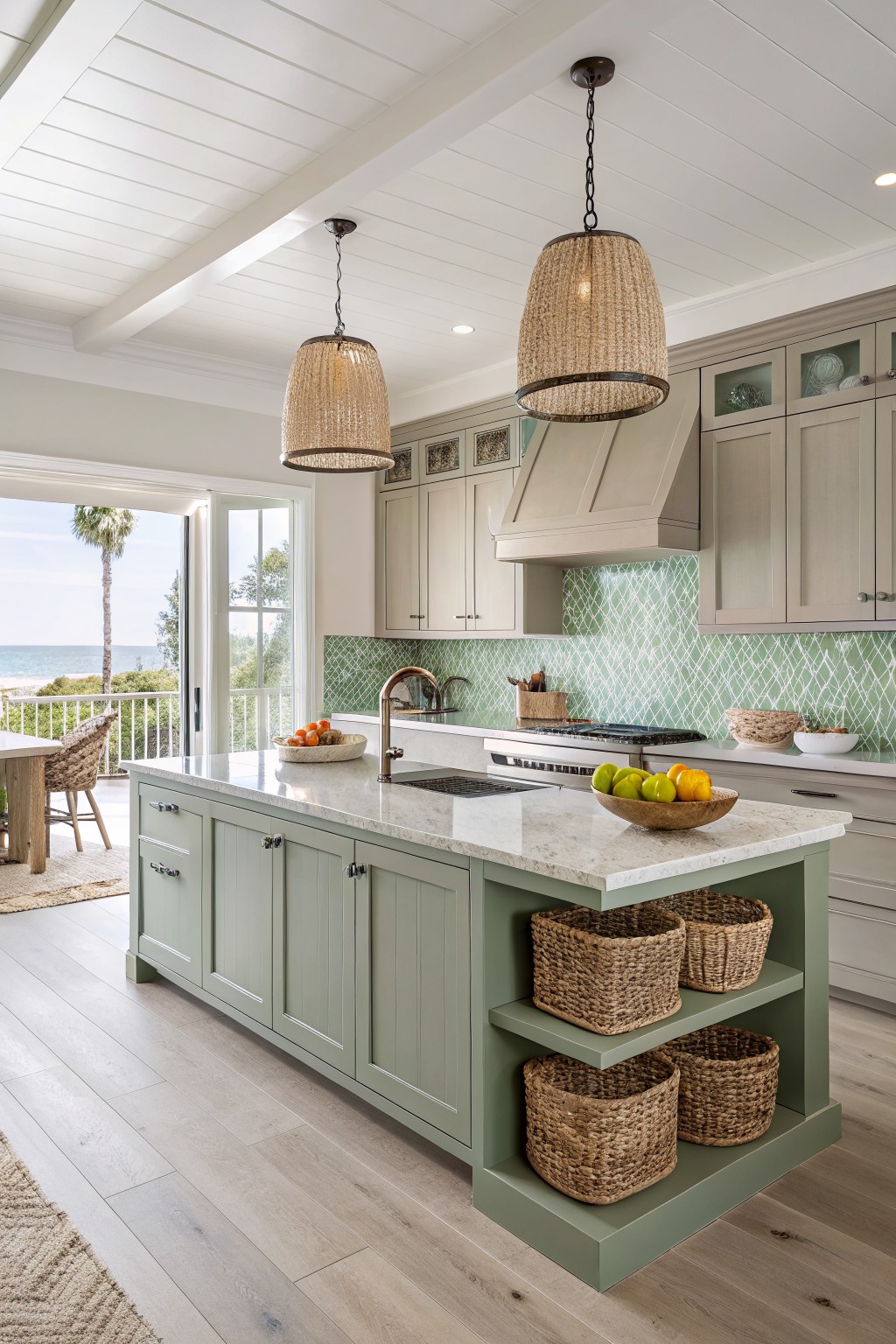 Coastal kitchen with sage green island, woven pendants, marble counters, and ocean view