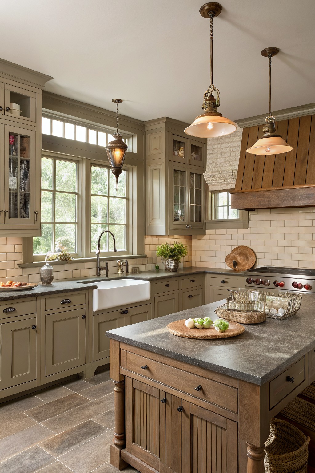 Taupe kitchen cabinets with wood island and stone countertops.