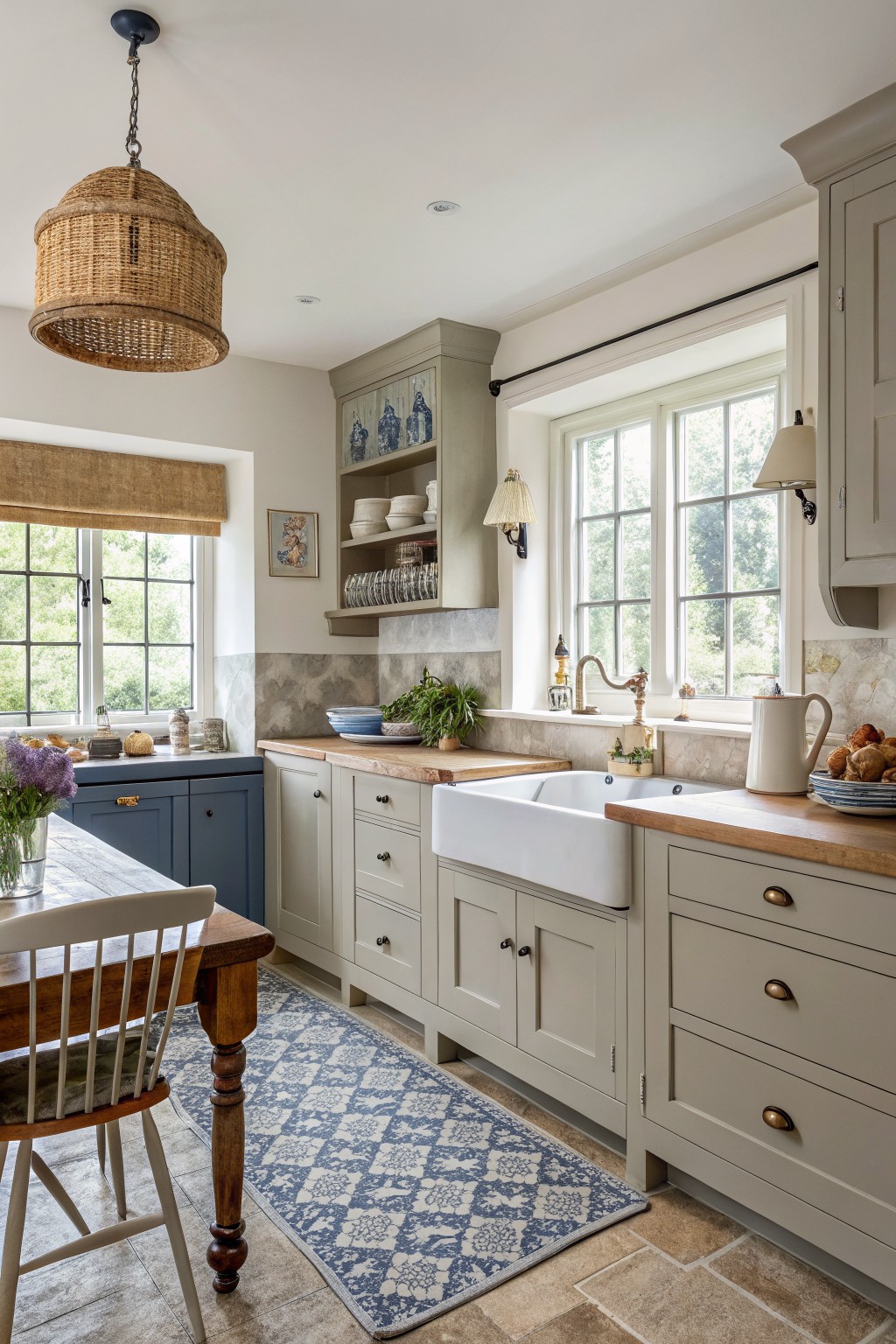 Traditional kitchen with gray cabinets, white farmhouse sink, wooden counters, blue rug.