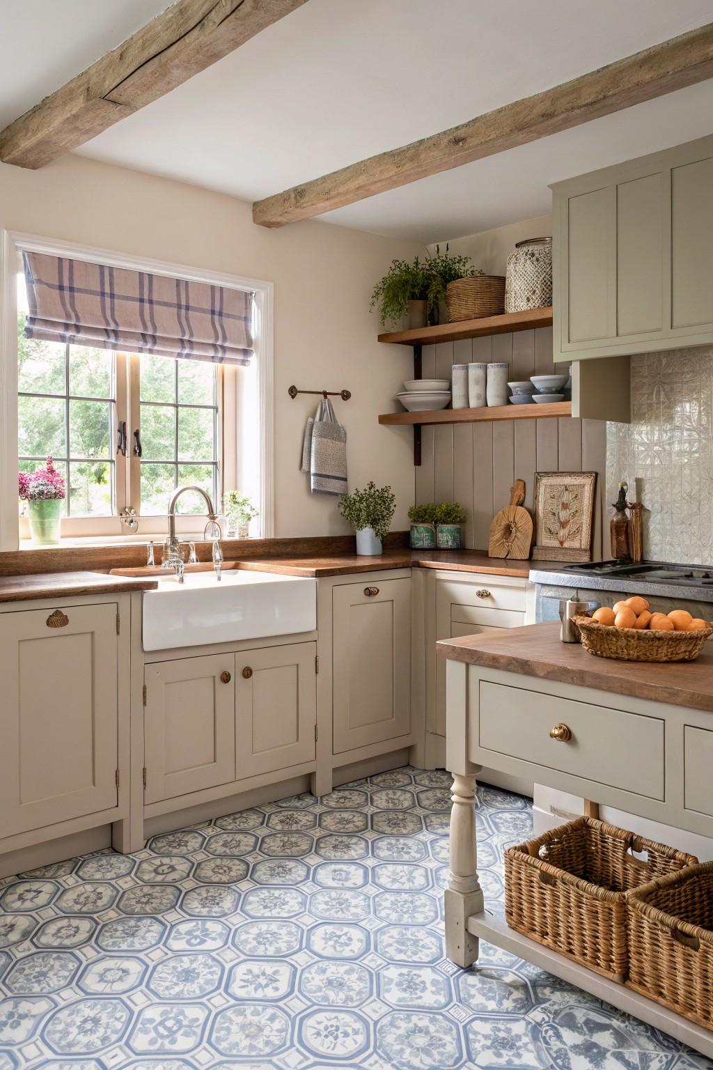 Kitchen cabinets painted in a soft taupe color with wood countertops.