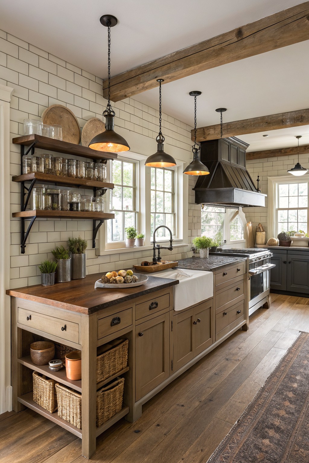 Light taupe kitchen cabinets with wood countertops and white tile.