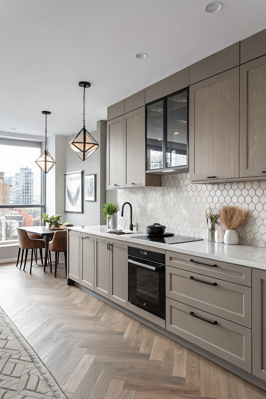 Kitchen cabinets painted in soft taupe with wood floors nearby.