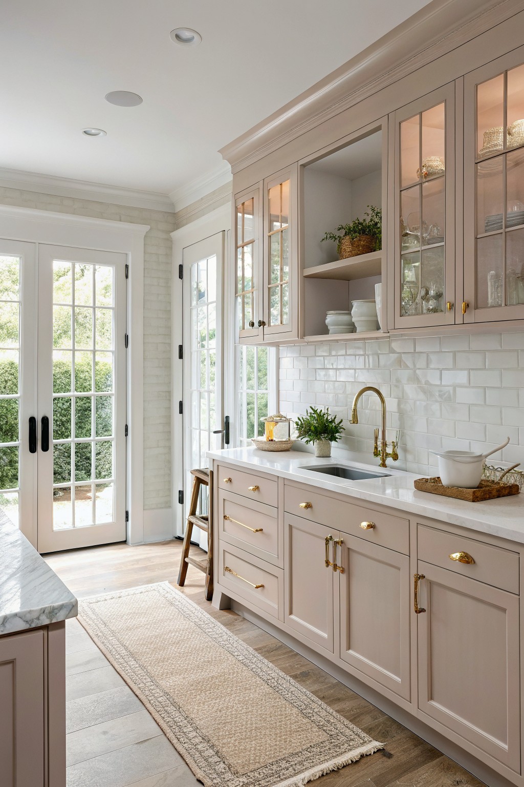 Taupe kitchen cabinets with white tile backsplash and brass hardware.