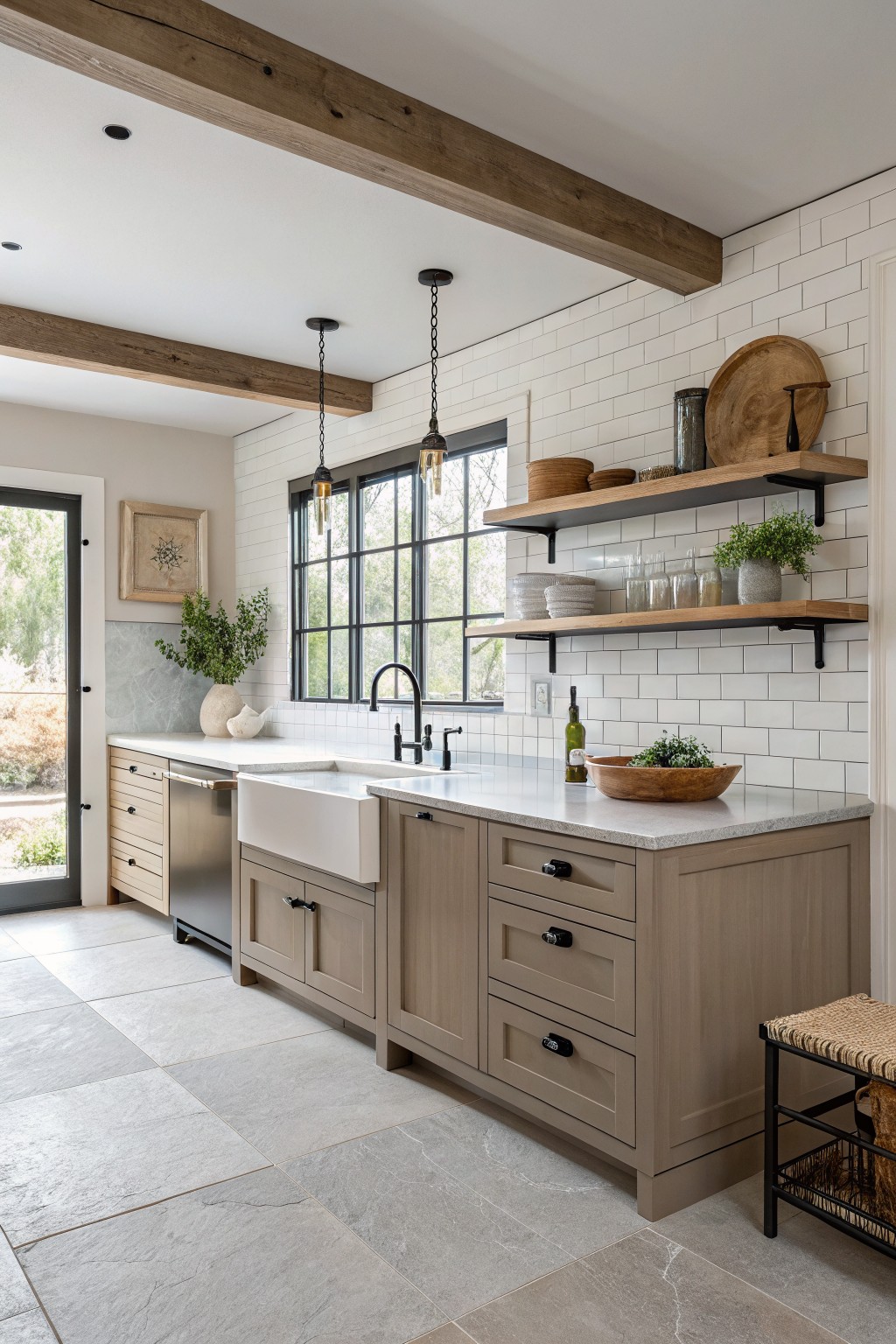 Light taupe cabinets in a kitchen with white tile and wood shelving.