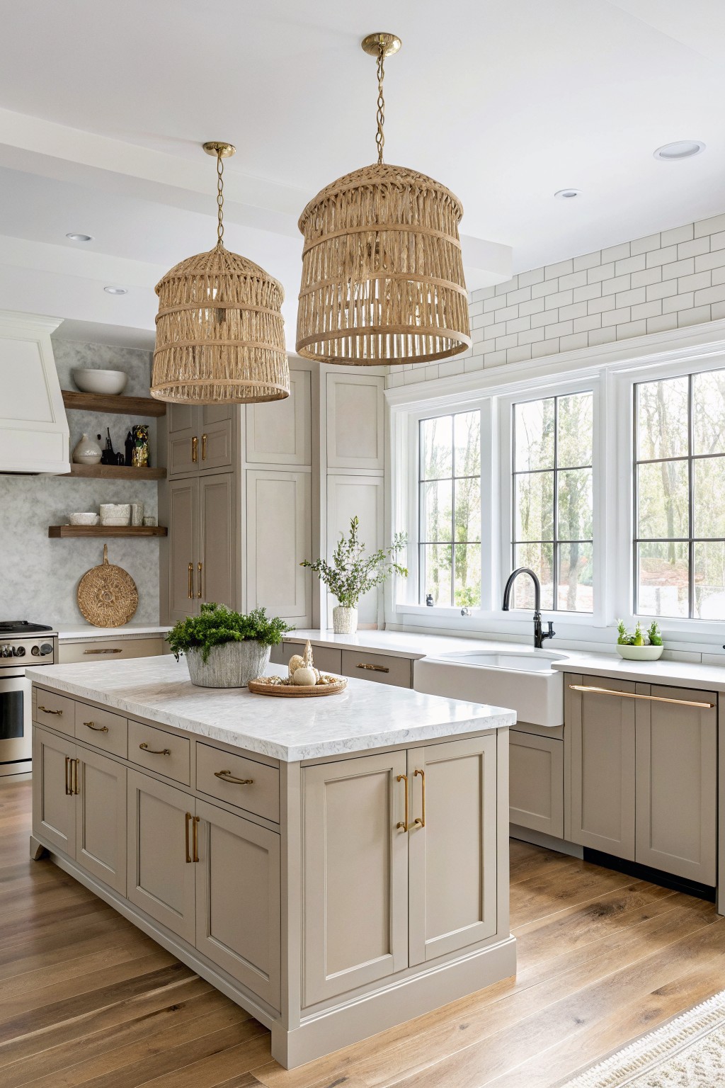 Taupe kitchen cabinets in a bright room with white counters and wood floors.