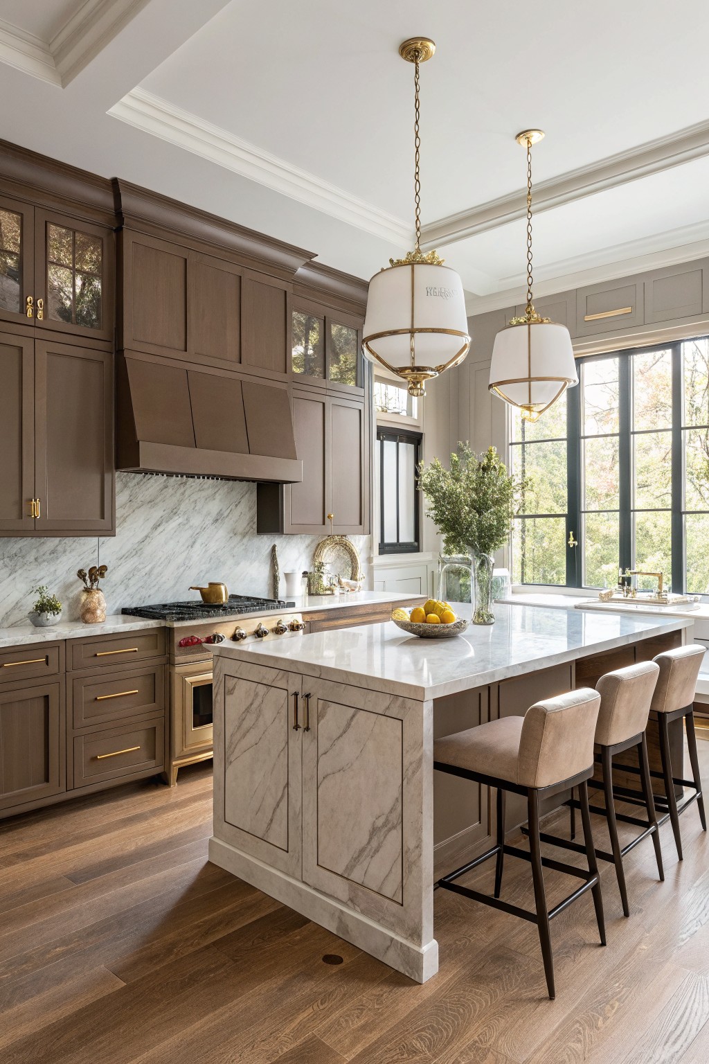 Elegant kitchen with marble island, bar stools, pendant lights, and dark cabinets.