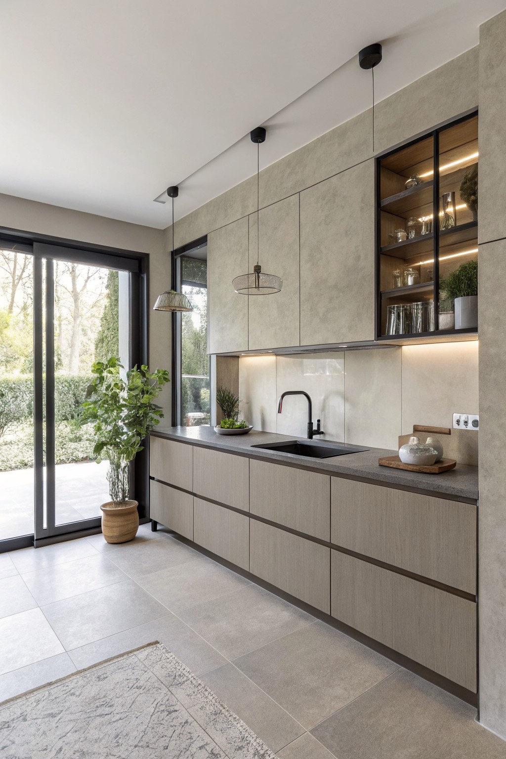 Modern kitchen with beige cabinets, black sink, pendant lights, and garden view