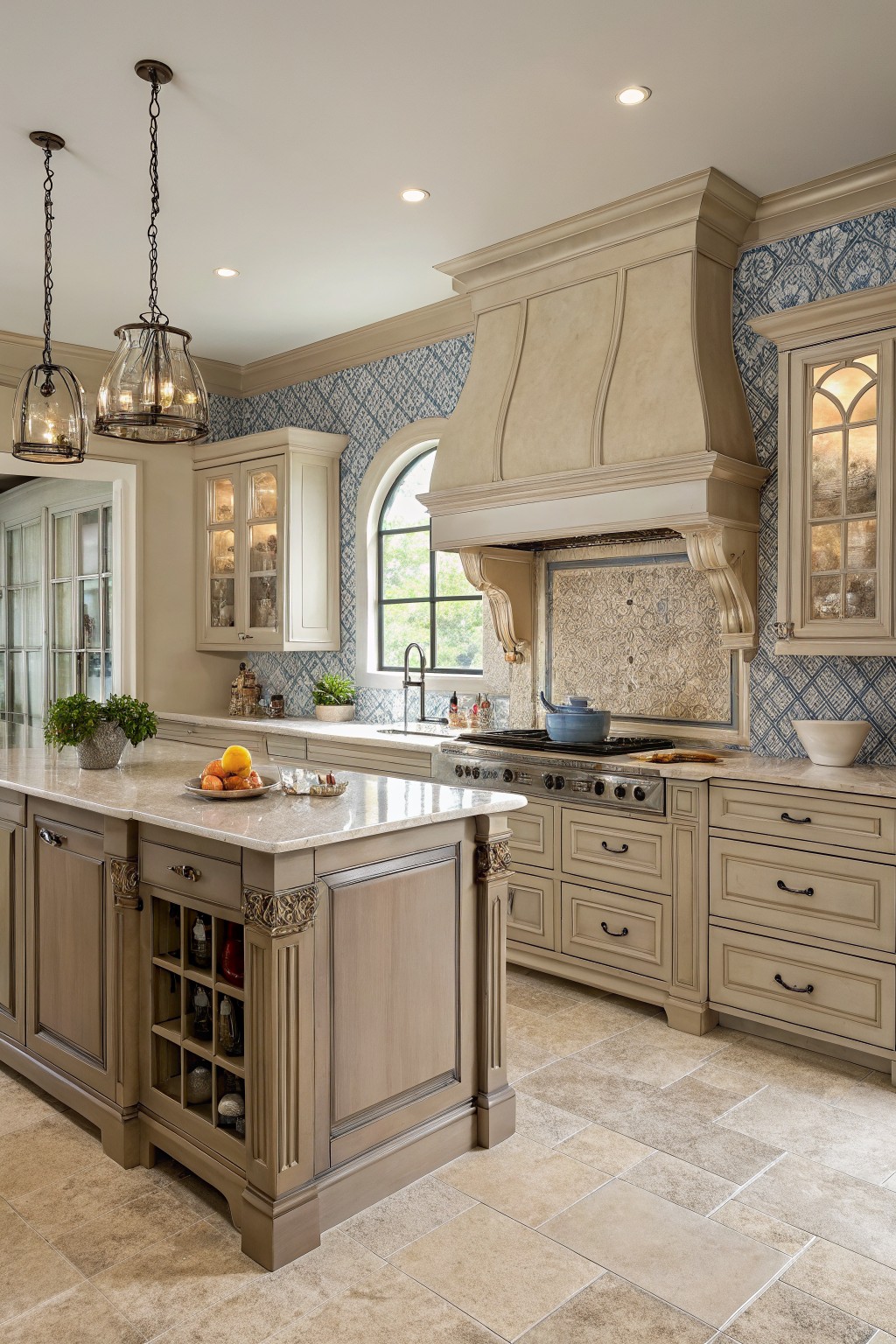 Taupe kitchen cabinets in a neutral kitchen with stone counters.