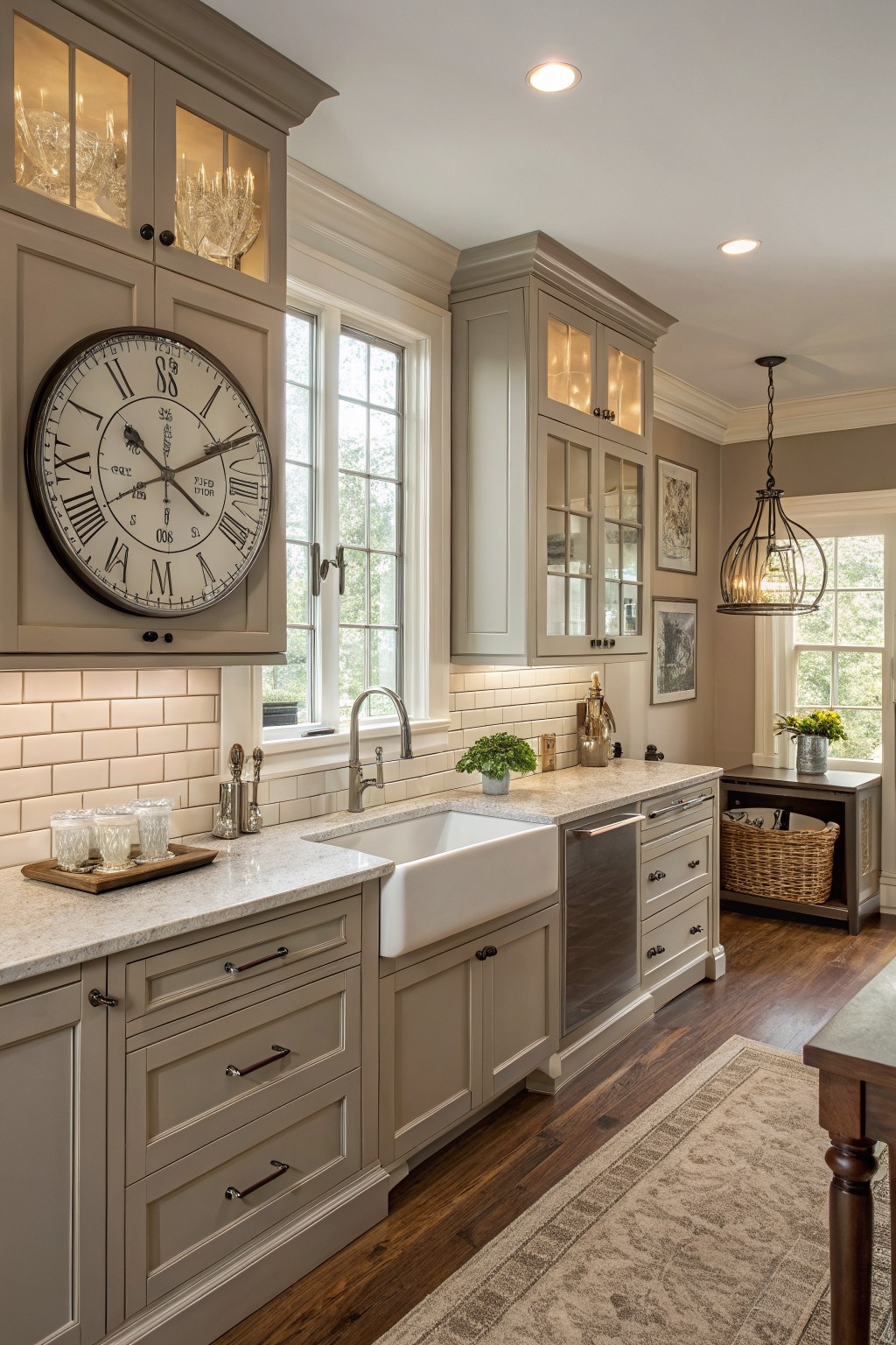 Light taupe kitchen cabinets with white tile backsplash and marble counters.