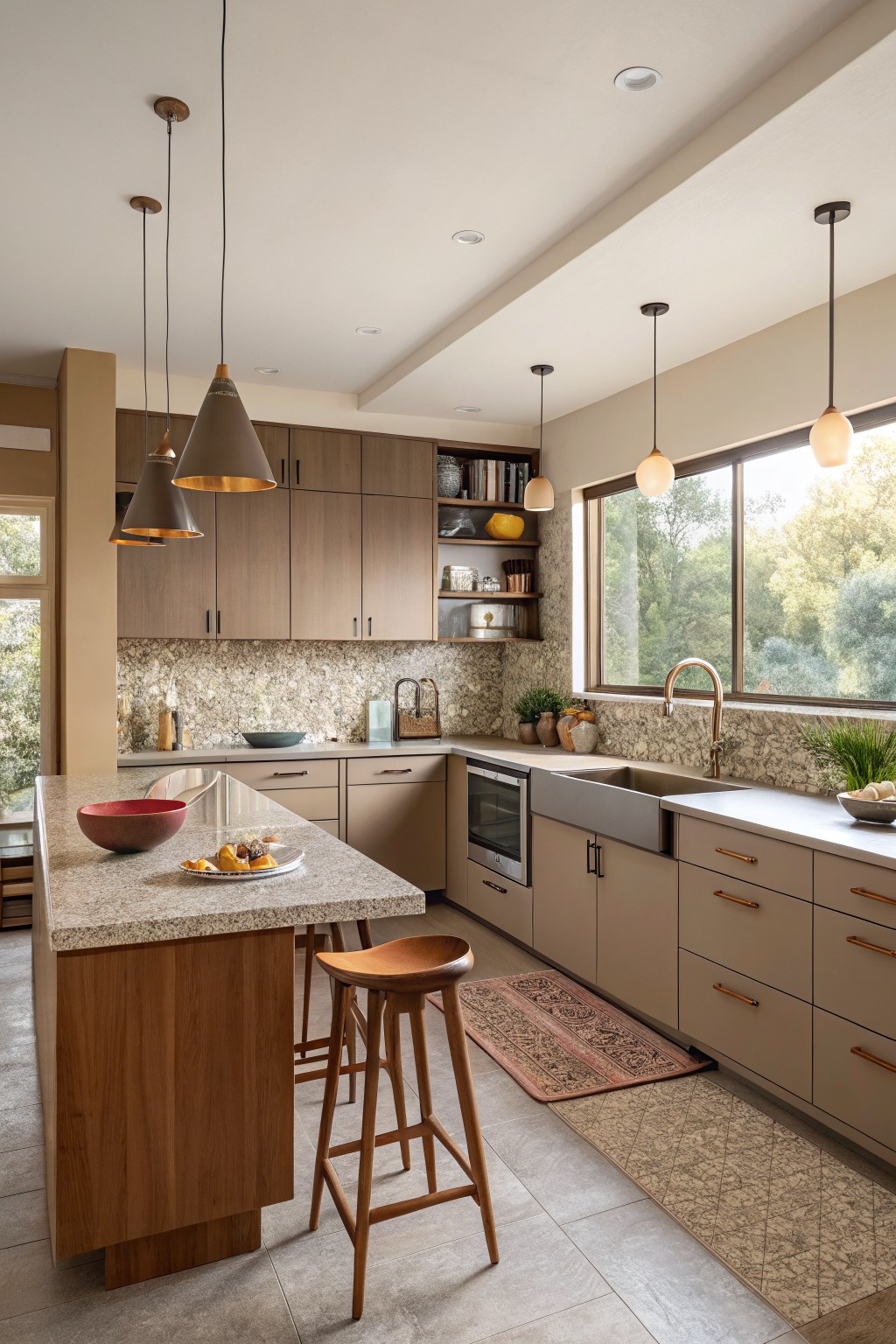 Modern kitchen with beige cabinets, granite island, wooden stools, and pendant lights.