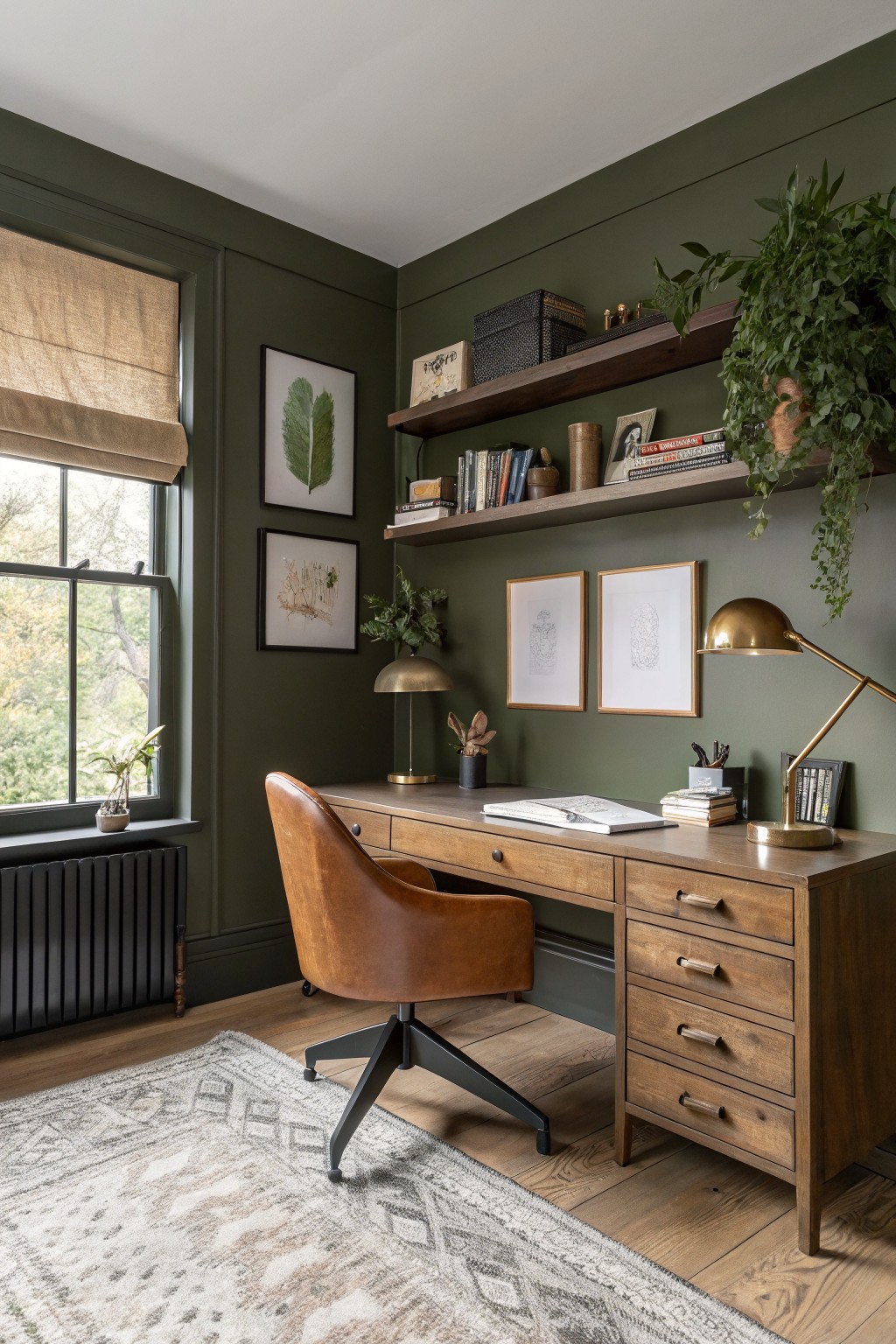 Deep green walls in a home office with a wooden desk and floating shelves.