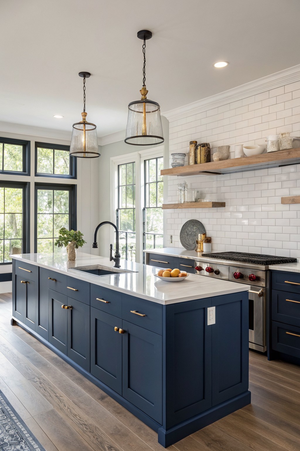 Navy blue kitchen cabinets with white countertops and wood floors.