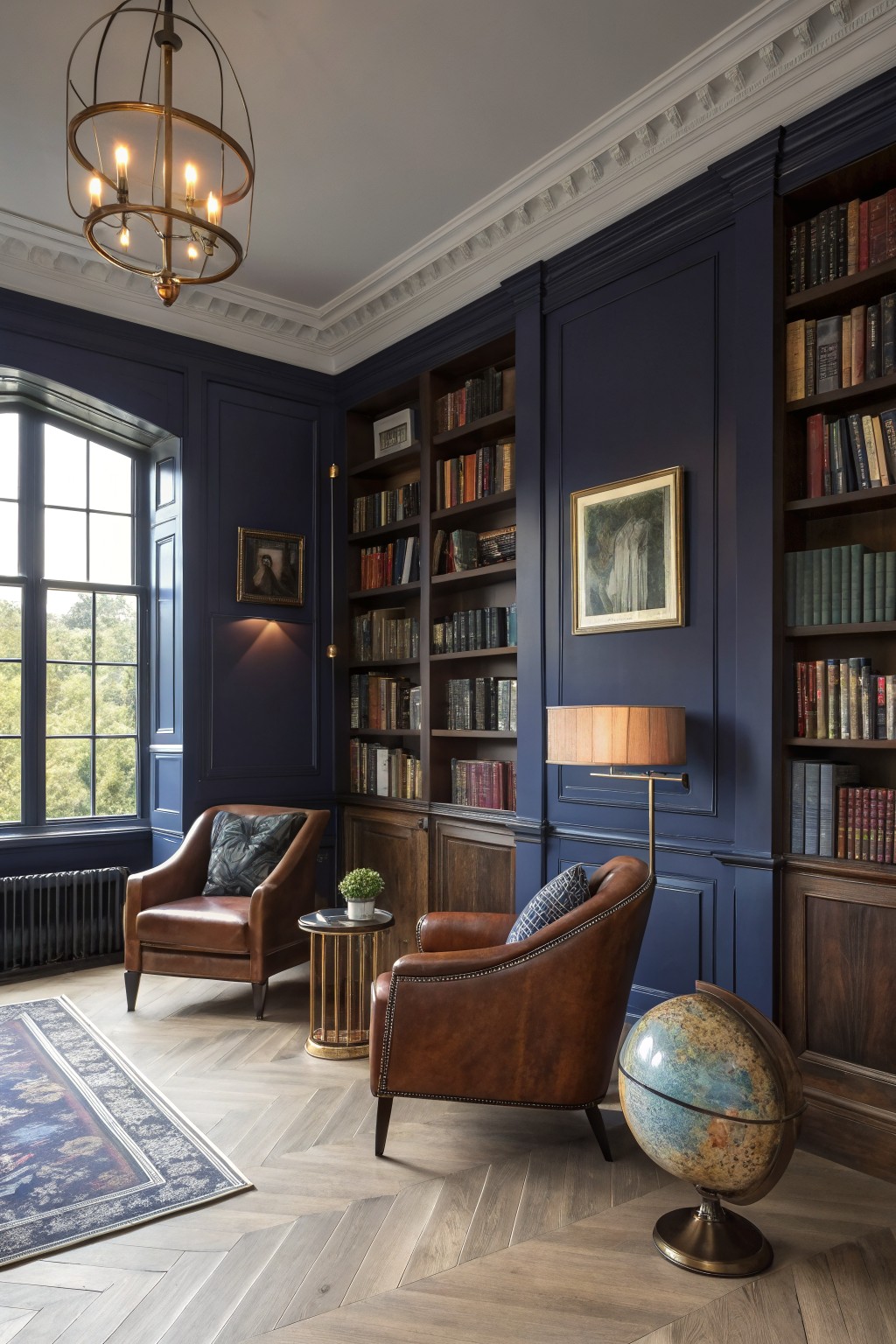 Deep navy blue paneled walls in a traditional home library with built-in bookshelves.