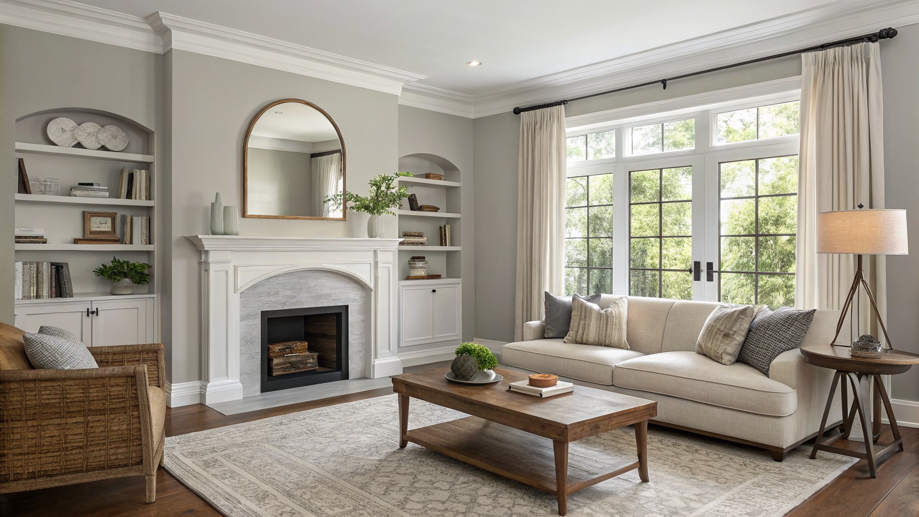 Living room walls painted in a soft warm greige with white trim and built-in shelves.