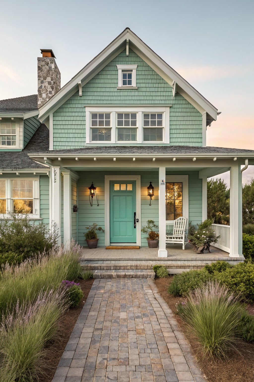 Light green shingled house with turquoise door, porch, and brick garden path.
