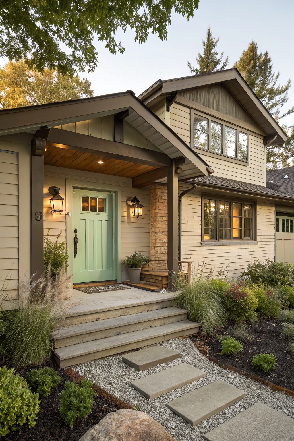 A house exterior painted in soft greige siding with a covered entry.