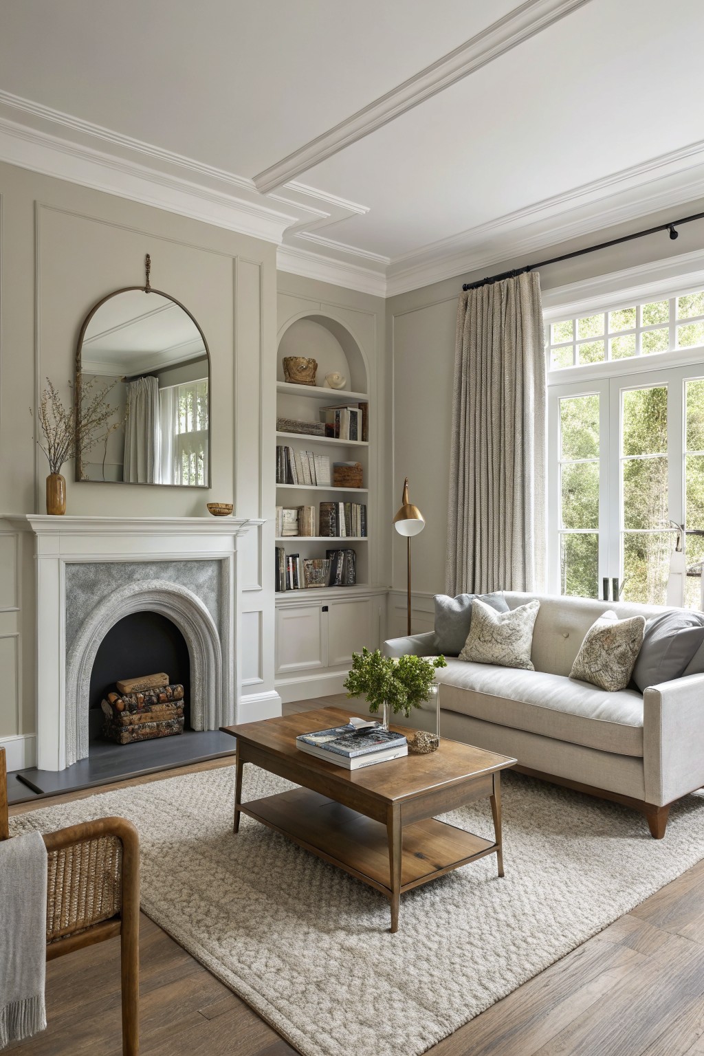 Living room walls painted in a soft warm greige with white trim and built-in shelves.