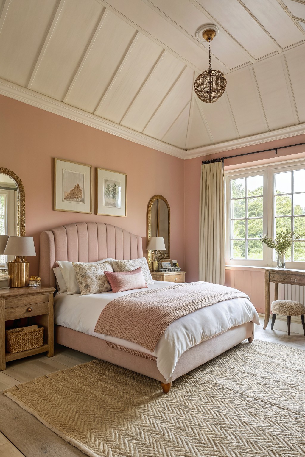 Pink-walled bedroom with upholstered bed, woven chandelier, framed art, and large windows.