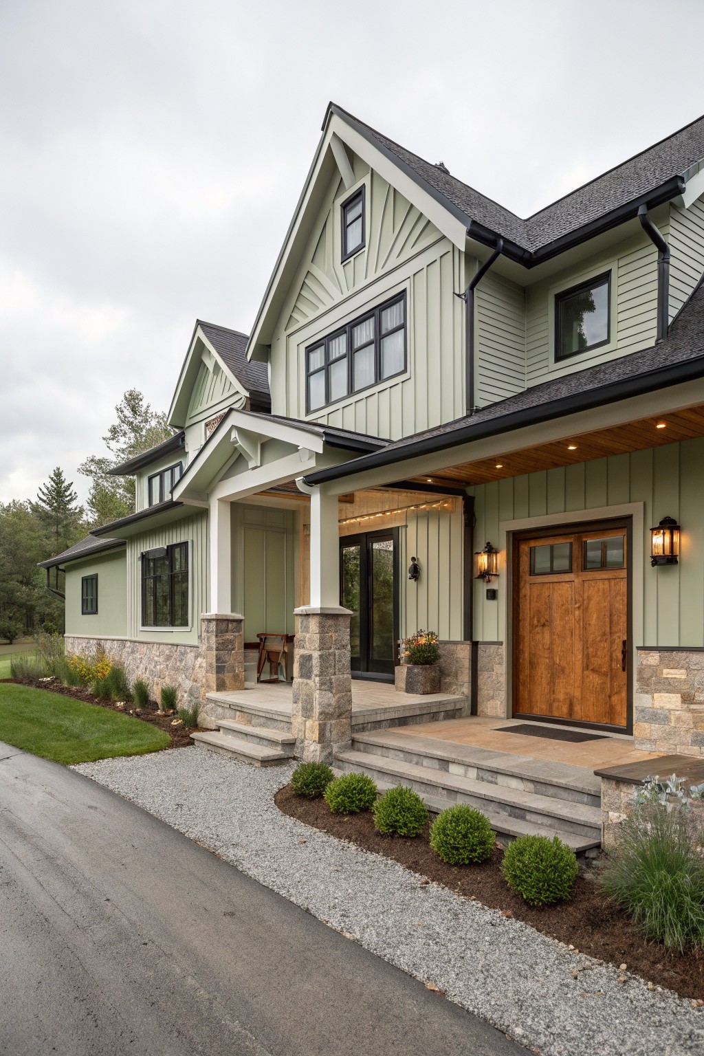 A house exterior with soft sage green siding and stone foundation details.