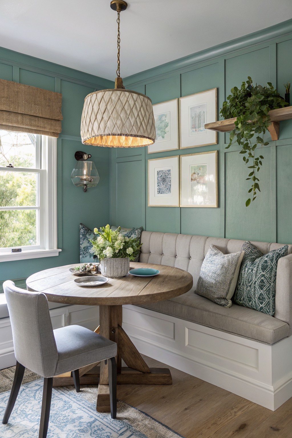 Cozy teal dining nook with round wooden table, built-in bench, pendant light, and framed art