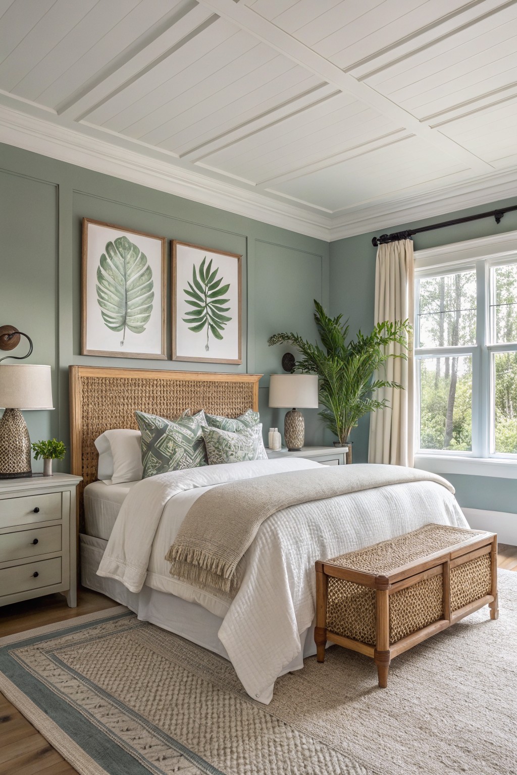 A bedroom with soft sage green walls and white trim.