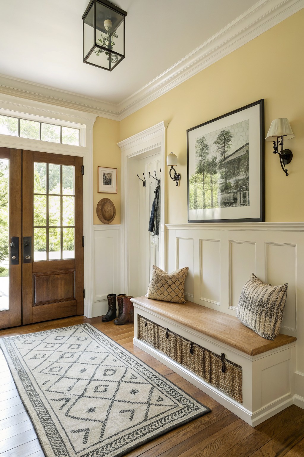 Pale yellow walls in a transitional entryway with white wainscoting and wood flooring.