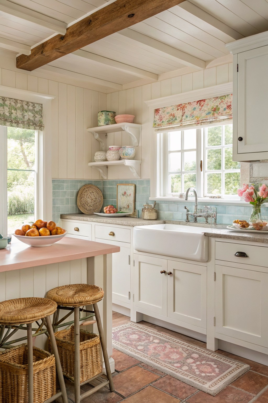 White kitchen cabinets with a soft creamy tone in a bright room with wood beams and tile.