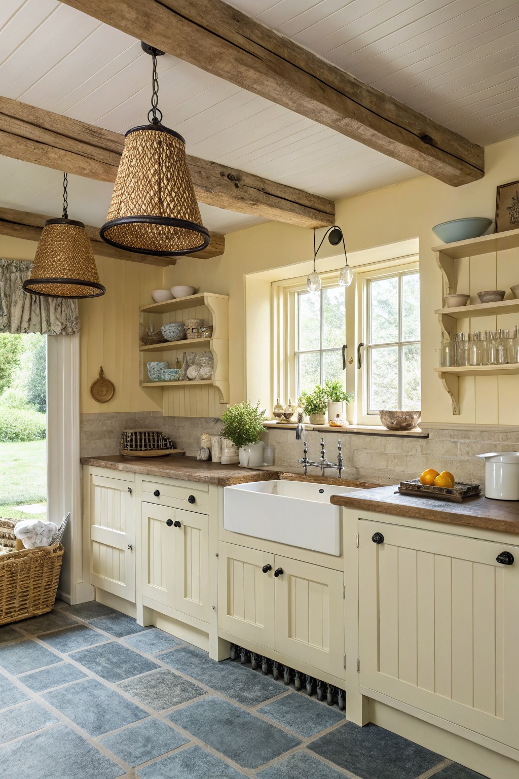 Creamy white cabinets in a kitchen with wood counters and a farmhouse sink.