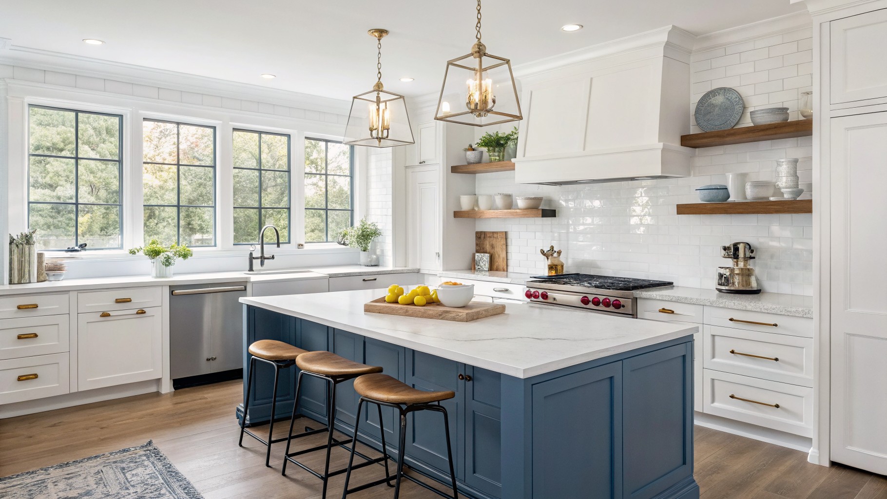 White kitchen cabinets with a marble countertop and blue island base.