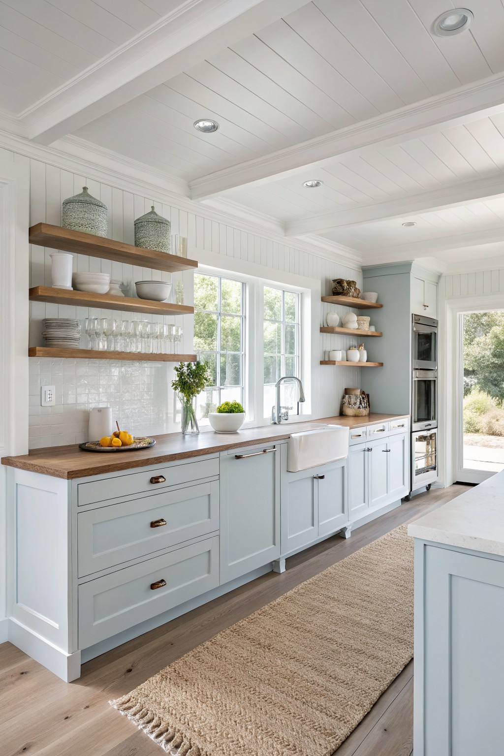 Light blue gray cabinets in a white kitchen with wood counters and open shelves.
