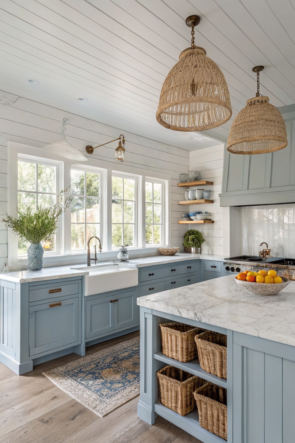 Soft blue gray kitchen cabinets with white marble counters and open shelving.