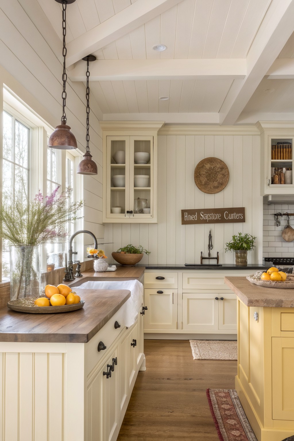 Creamy white kitchen cabinets with wood countertops in a bright traditional kitchen.
