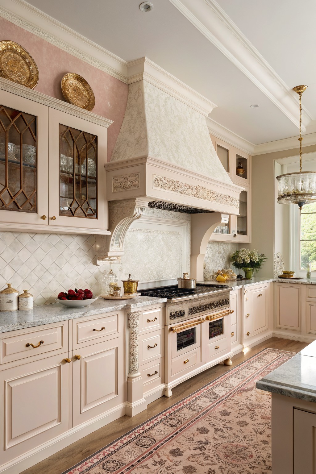 Pale warm white cabinets line a kitchen with marble counters and a patterned rug.