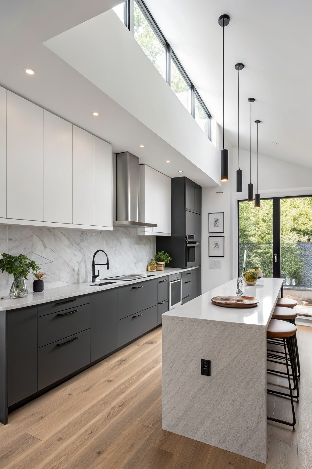 Dark gray lower cabinets with white uppers in a tall kitchen.