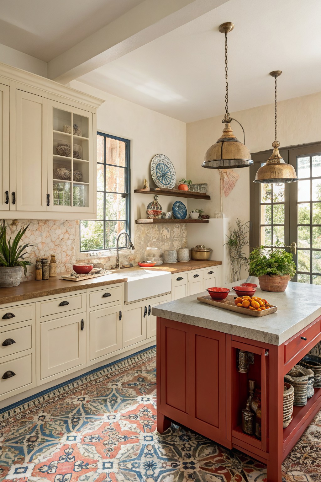 Creamy white cabinets in a kitchen with wood counters and a red island.