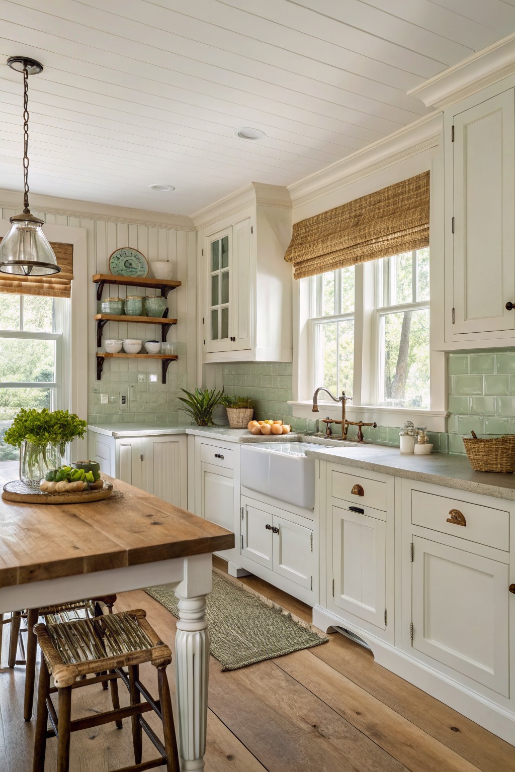 White kitchen cabinets painted in a soft off-white color with light green tile behind the sink.