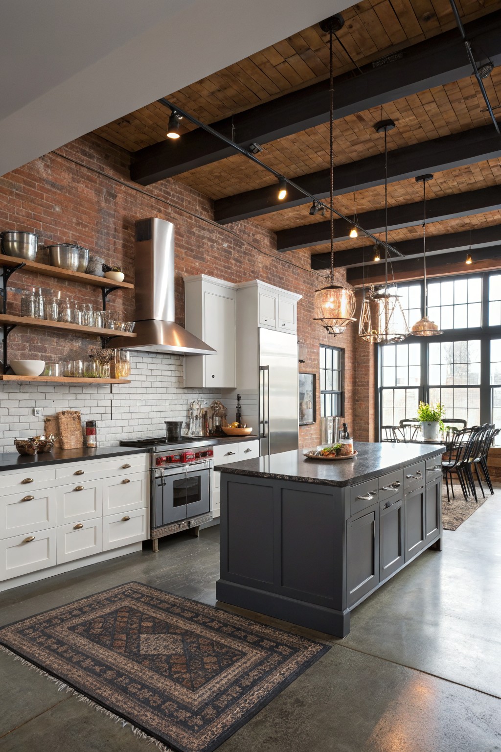 A kitchen with a dark gray island and white perimeter cabinets against a brick wall.