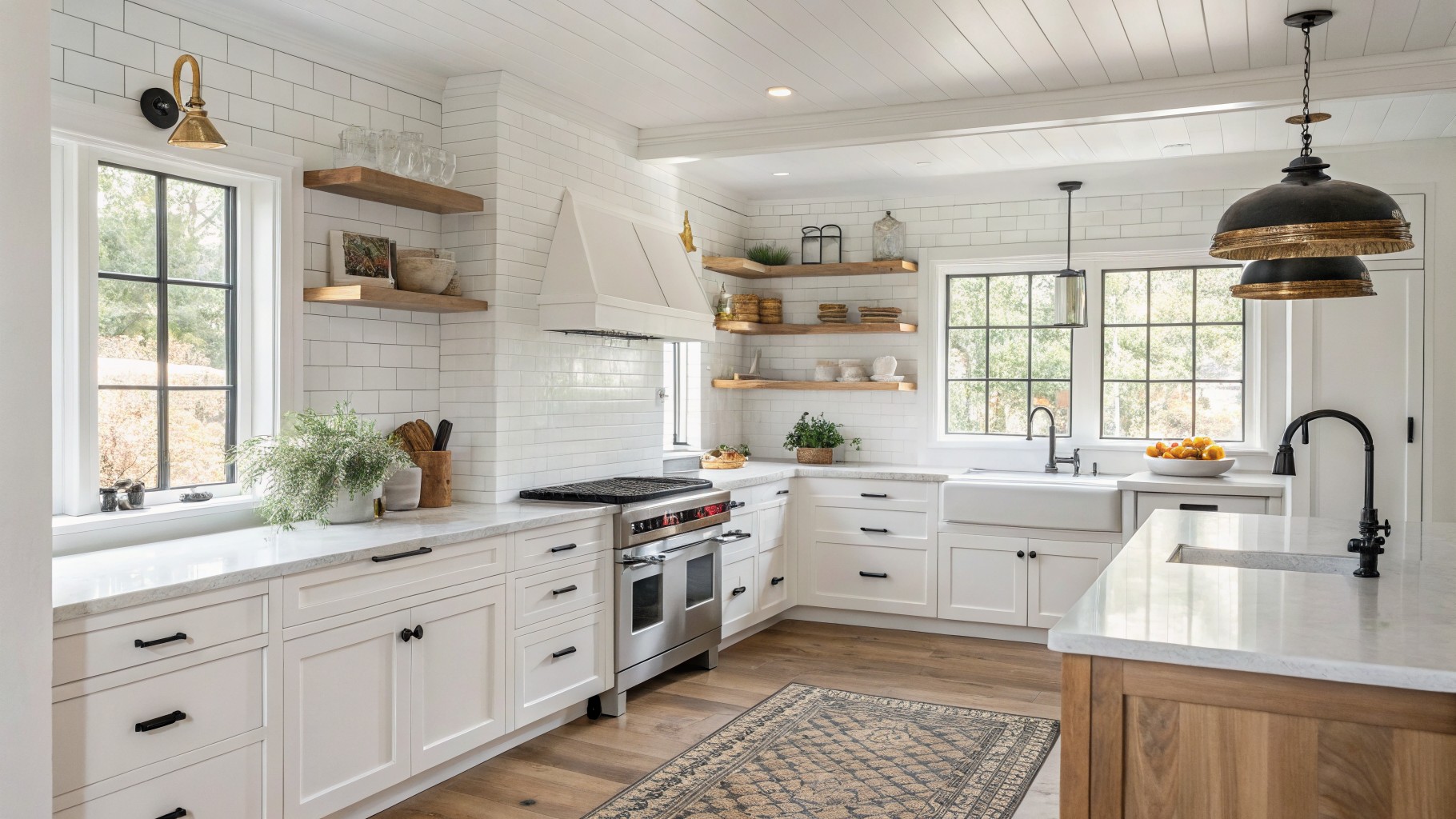 White kitchen cabinets with a subway tile backsplash and wood flooring.