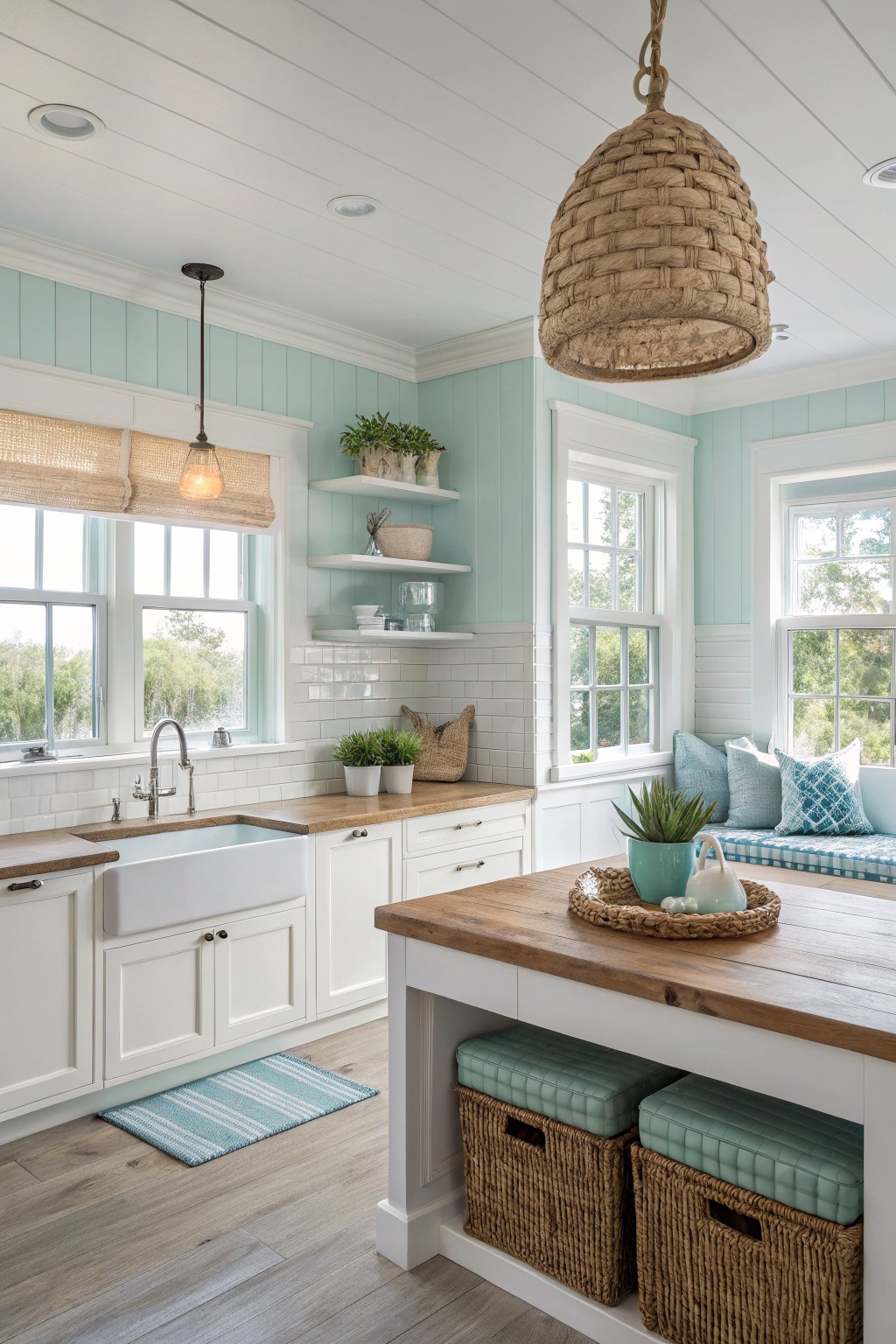 A kitchen with soft aqua walls, white cabinets, and wood counters.