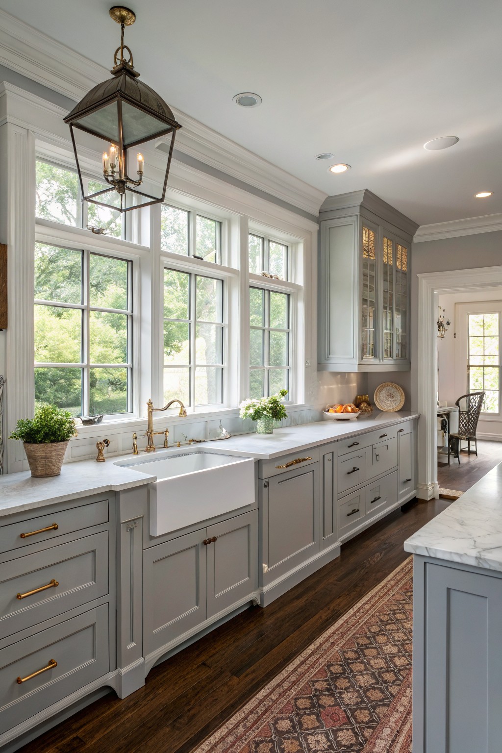 Gray kitchen cabinets painted in a soft neutral tone with white countertops and brass hardware.