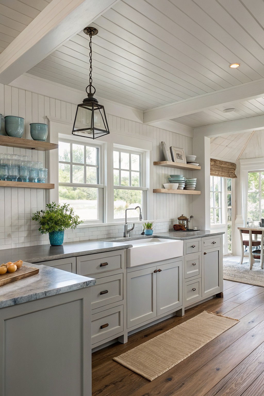 Bright white kitchen with gray cabinets, farmhouse sink, floating shelves, and pendant light.