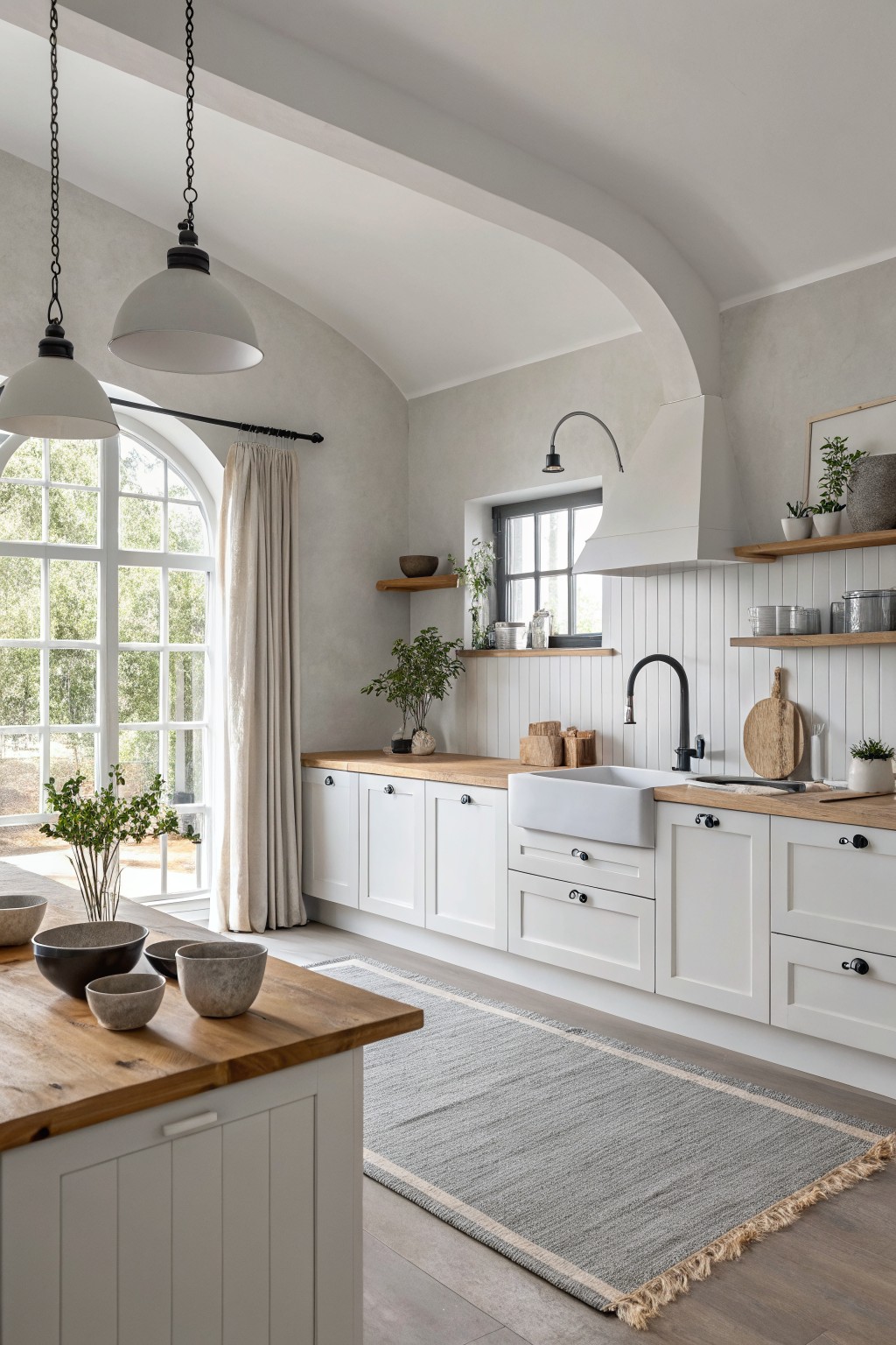 Modern farmhouse kitchen with white cabinets, wooden counters, sink, and arched window