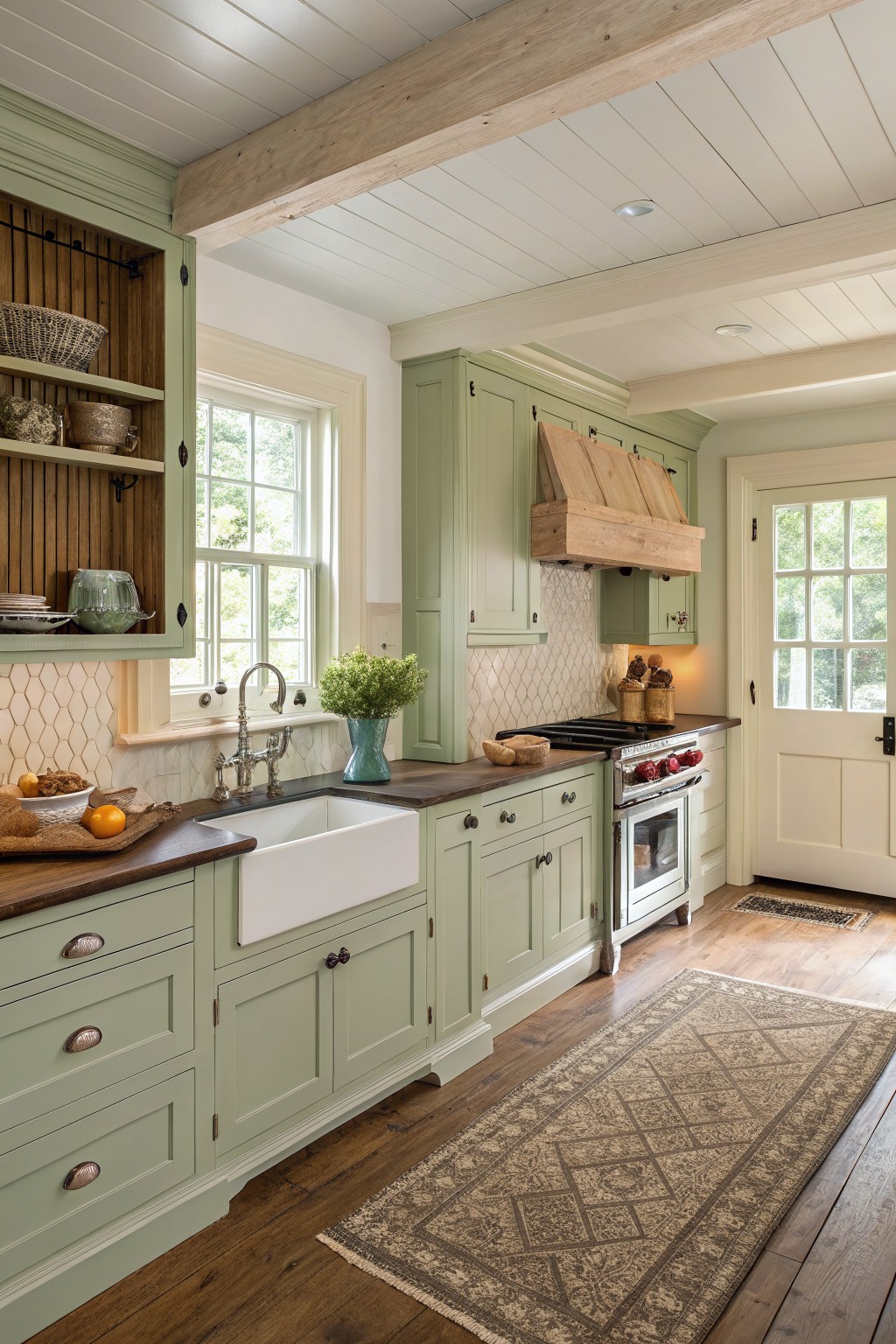 A kitchen with soft sage green cabinets and a white farmhouse sink.