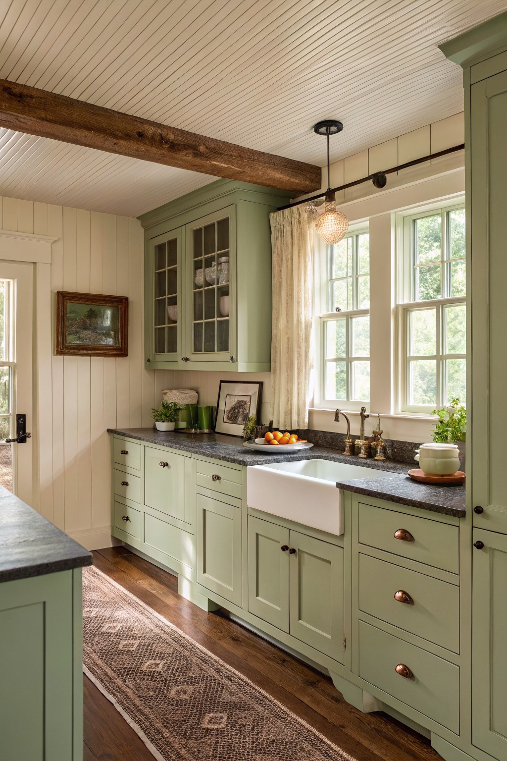 Kitchen cabinets painted in a soft sage green with dark stone counters and a white sink.