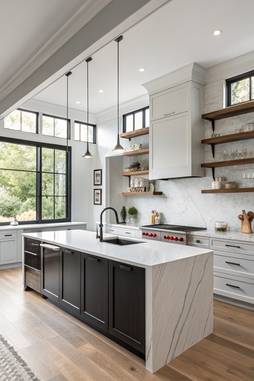 A kitchen with soft white upper cabinets next to dark lower cabinets and a marble backsplash.