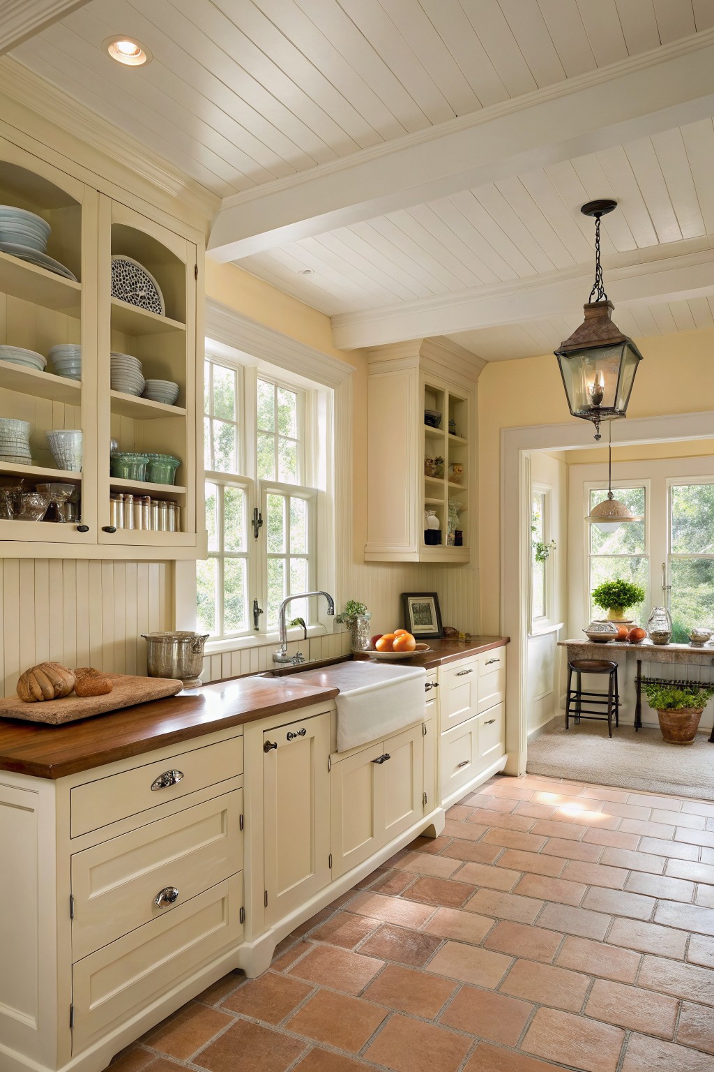 Warm cream cabinets cover the walls of this kitchen with wood countertops.