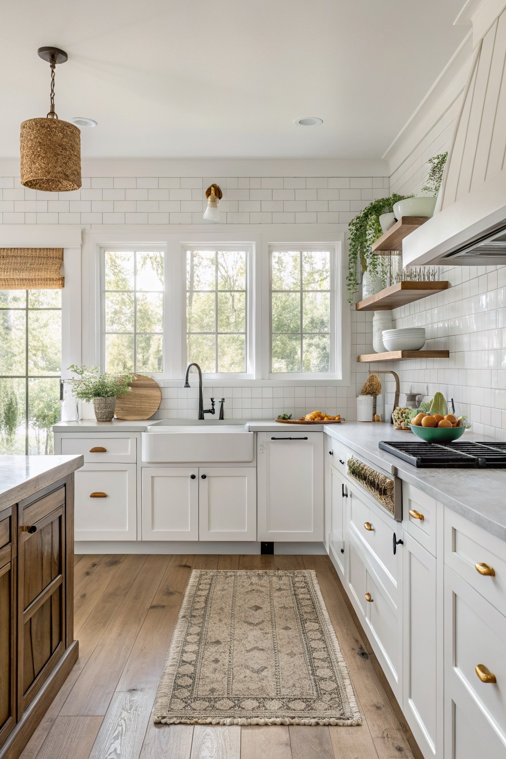 White kitchen cabinets with a subway tile backsplash and wood flooring.